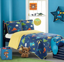 Load image into Gallery viewer, All American Collection Navy-Yellow Dinosaur Printed Bedspread Set
